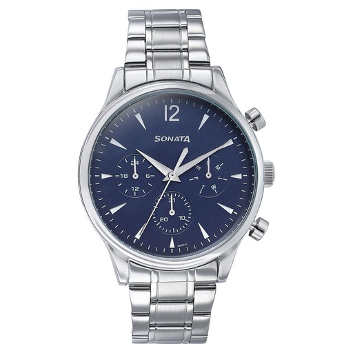 [77146sm02] Sonata Wedding Edit Quartz Multifunction Blue Dial Stainless Steel Strap Watch For Men