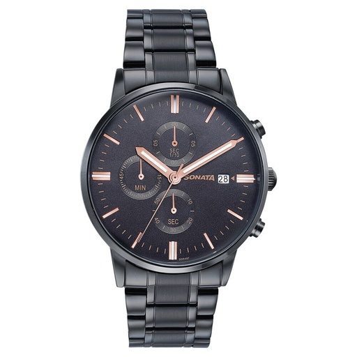 [77145nm01] Sonata Wedding Edit Quartz Multifunction Black Dial Stainless Steel Strap Watch For Men