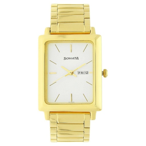 [7078ym03] Sonata Quartz Analog with Day and Date White Dial Stainless Steel Strap Watch for Men