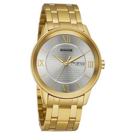 [7133ym01] Sonata Quartz Analog with Day and Date Champagne Dial Stainless Steel Strap Watch for Men