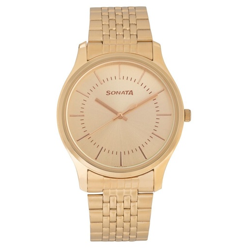 [77082ym02] Sonata Essentials Quartz Analog Champagne Dial Golden Stainless Steel Strap Watch For Men