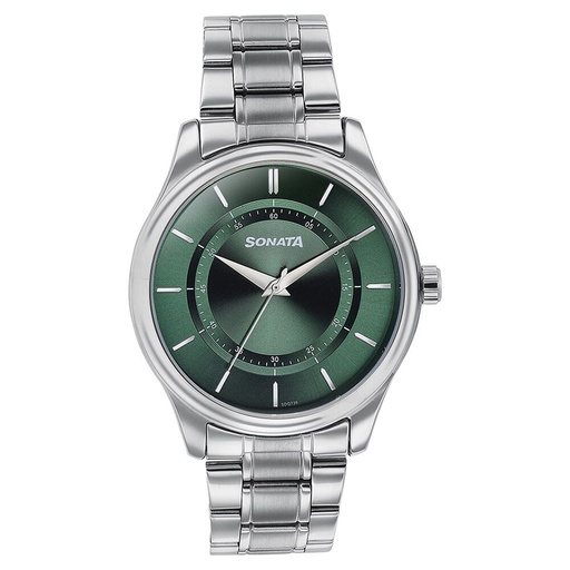 [77149sm02] Sonata Quartz Analog Green Dial Silver Stainless Steel Strap Watch For Men