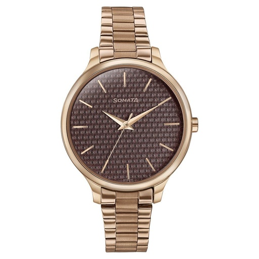 [87050wm12] Sonata Wedding Bling Quartz Analog Brown Dial Rose Gold Stainless Steel Strap Watch for Women