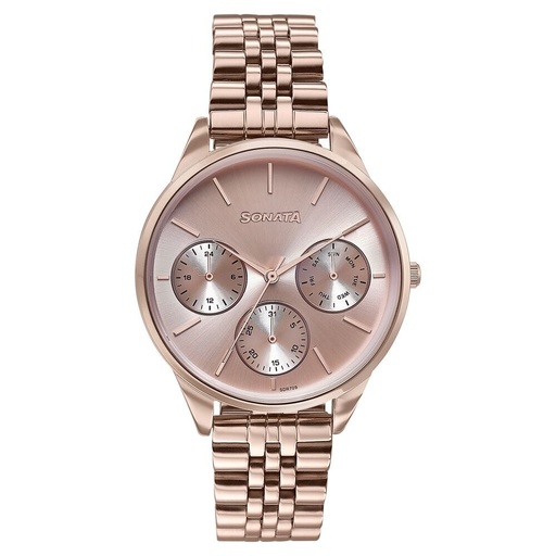 [87085wm01] Sonata Wedding Edit Quartz Multifunction Pink Dial Stainless Steel Strap Watch For Women