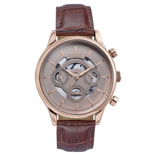 [77146wl01] Sonata Wedding Edit Quartz Multifunction Pink Dial Leather Strap Watch For Men