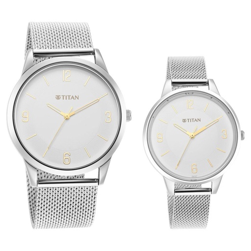 [18062648sm01p] Titan Quartz Analog White Dial Stainless Steel Strap Watch for Couple