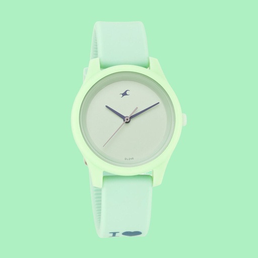 [68023pp06w] Fastrack Monochrome Quartz Analog Green Dial Silicone Strap Watch for Girls
