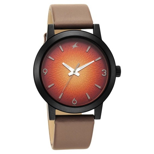 [3245nl02] Fastrack Stunners Quartz Analog Orange Dial Leather Strap Watch for Guys