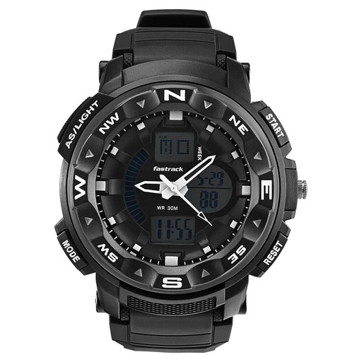 [38076pp01w] Fastrack AnaDigi Black Dial Black Colour Plastic Strap Unisex Watch