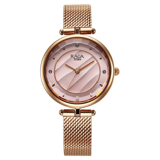 [2773wm01] Titan Raga Showstopper Quartz Analog Pink Dial Metal Strap Watch For Women