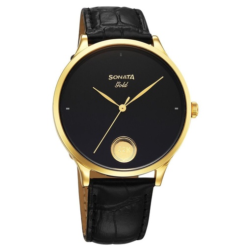 [7153yl01] Sonata Gold Quartz Analog Watch for Men with Black Dial Leather Strap With An Eye-Catching Gold Coin on Dial