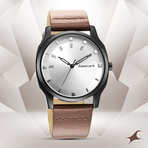 [3255nl02] Fastrack Stunners Quartz Analog Silver Dial Leather Strap Watch for Guys