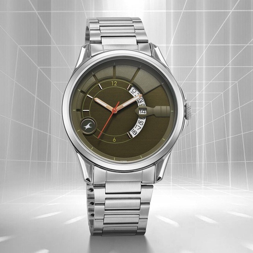 [3323sm01] Fastrack Groove Quartz Analog with Date Green Dial Silver Stainless Steel Strap Watch For Guys