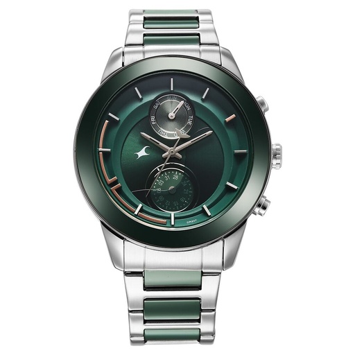 [3304kd04] Fastrack Oceanyx - Ceramic Quartz Multifunction Green Dial Two Toned Strap Watch For Guys