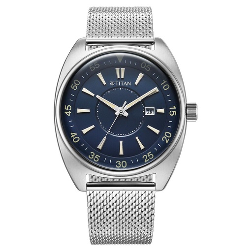 [90211sm01] Titan Tonneau Analog with Date and Blue Dial Mesh Stainless Steel Strap Watch for Men