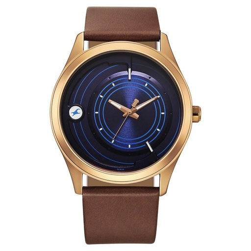 [3317ql01] Fastrack Groove Quartz Analog Blue Dial Brown Leather Strap Watch For Guys