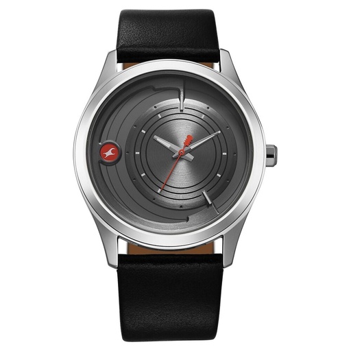 [3317sl02] Fastrack Groove Quartz Analog Grey Dial Black Leather Strap Watch For Guys