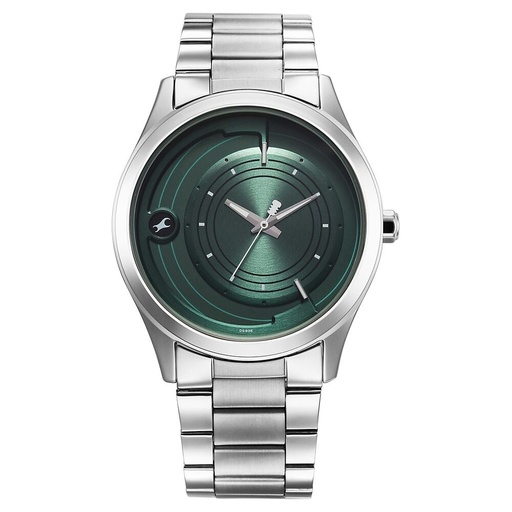[3317sm03] Fastrack Groove Quartz Analog Green Dial Silver Stainless Steel Strap Watch For Guys