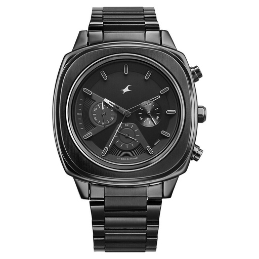 [3319nm01] Fastrack Kronos Chronograph Black Dial Black Stainless Steel Strap Watch For Guys