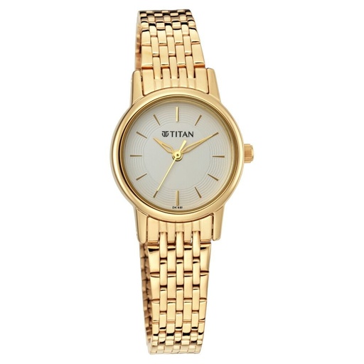 [2593ym02] Titan Quartz Analog White Dial Golden Metal Strap Watch For Women