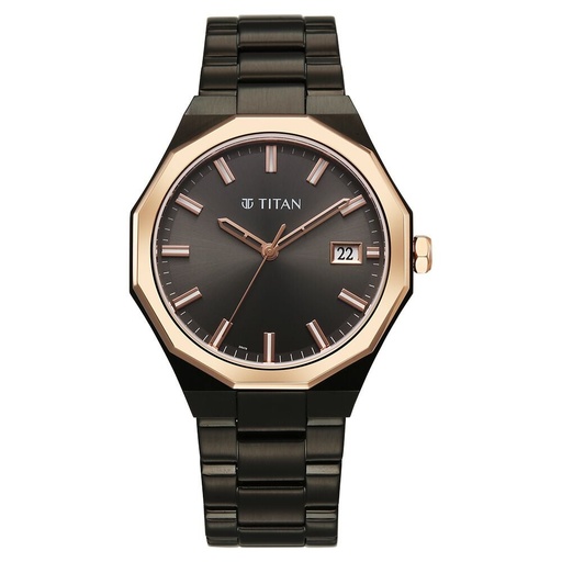 [90212km02] Titan Regalia Dodecagon Quartz Analog with Date Grey Dial Black Stainless Steel Strap Watch For Men