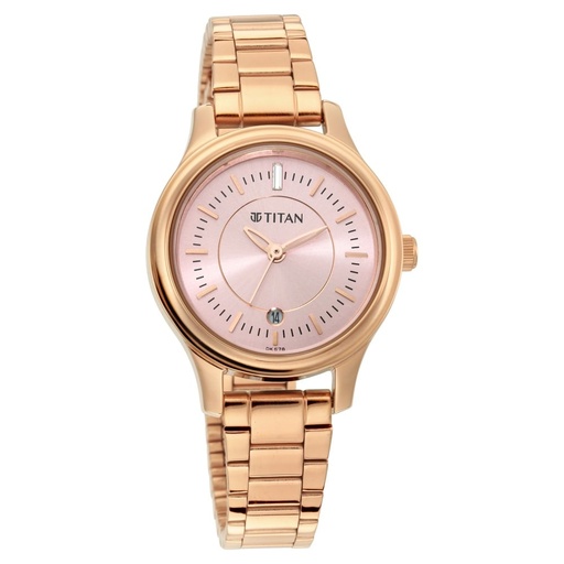 [2638wm01] Titan Quartz Analog with Date Rose Gold Dial Rose Gold Metal Strap Watch For Women
