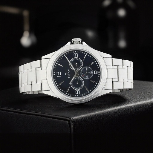 [1698sm02] Titan Blue Dial Quartz Multifunction Stainless Steel Strap watch for Men