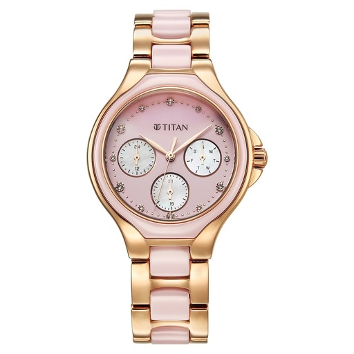 [95325kd01] Titan Glamour Quartz Multifunction Mother Of Pearl Dial Pink Ceramic & Steel Strap Watch For Women
