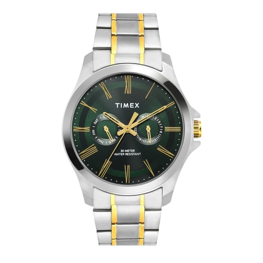 [TW000X130] Timex Men Analog Green Round Brass Dial Watch- TW000X130