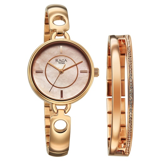 [2774wm01f] Titan Raga Contempore Quartz Analog Rose Gold Mother Of Pearl Dial Metal Strap Watch For Women