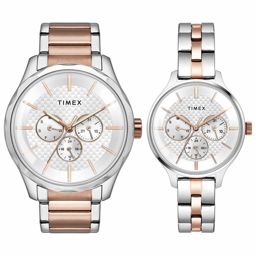 [TW00PR291] Timex Fashion Collection Premium Quality Multifunction Pair's Analog Silver Dial Coloured Quartz Watch, Round Dial with 44 mm Case width - TW00PR291