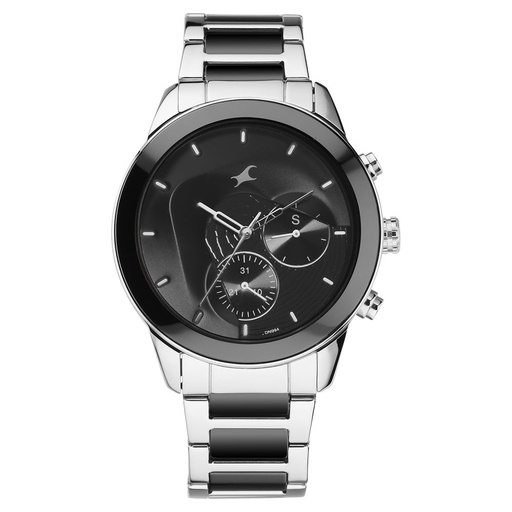 [3304kd01] Fastrack Cerame Quartz Multifunction Black Dial Steel & Ceramic Strap Watch for Guys