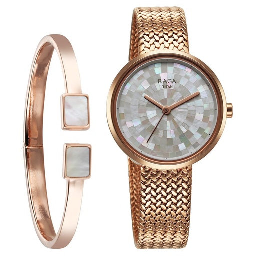 [95253wm02f] Titan Raga Memoirs Quartz Analog Mother Of Pearl Round Dial Rose Gold Metal Strap Watch For Women