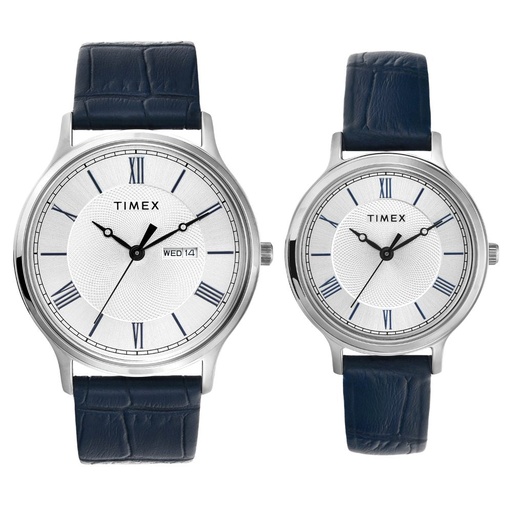 [TW00PR298] Timex Pairs Silver Round Analog Brass Dial Watch- TW00PR298