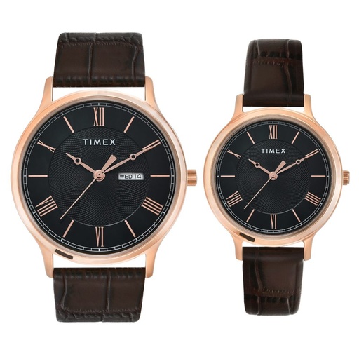 [TW00PR301] Timex Pairs Black Round Analog Brass Dial Watch- TW00PR301