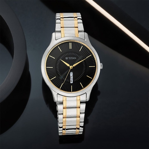 [1845bm01] Titan Quartz Analog with Day and Date Black Dial Metal Strap Watch for Men