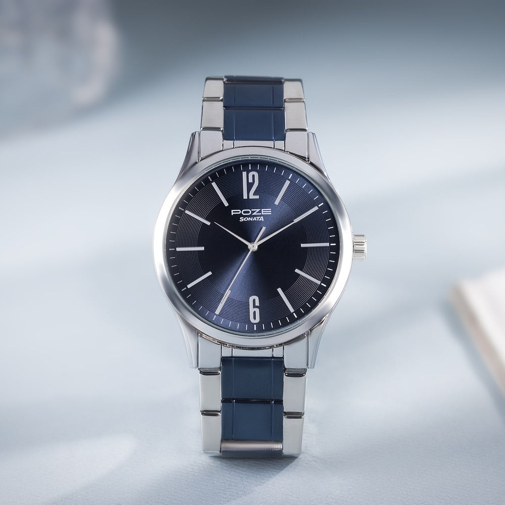 Sonata Poze Quartz Analog Blue Dial Metal Strap Watch for Men
