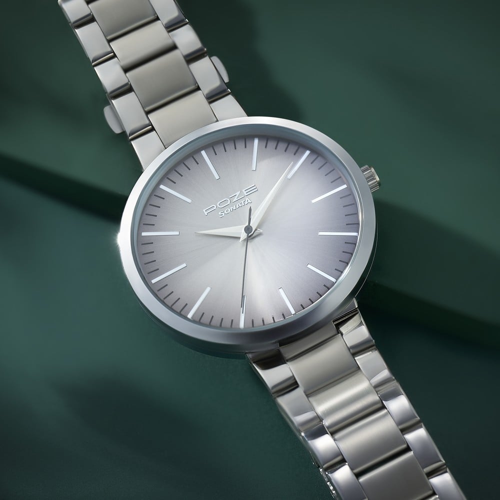 Sonata Poze Quartz Analog Grey Dial Metal Strap Watch for Men