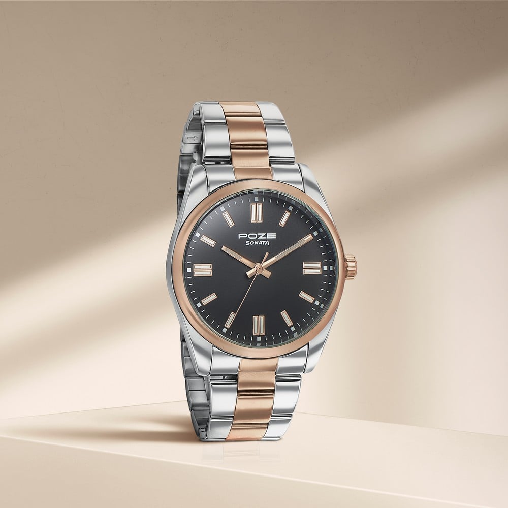 Sonata Poze Quartz Analog Black Dial Metal Strap Watch for Men