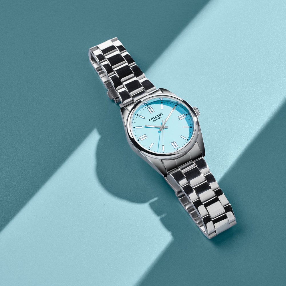 [sp70033sm02] Sonata Poze Quartz Analog Blue Dial Silver Metal Strap Watch For Men