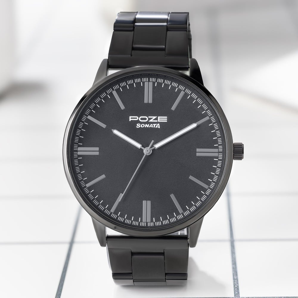 [sp70035nm01w] Sonata Poze Quartz Analog Black Dial Metal Strap Watch for Men