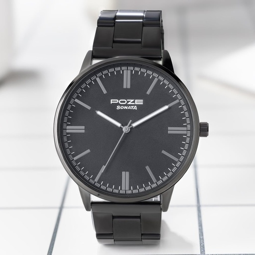 [sp70035nm01w] Sonata Poze Quartz Analog Black Dial Metal Strap Watch for Men