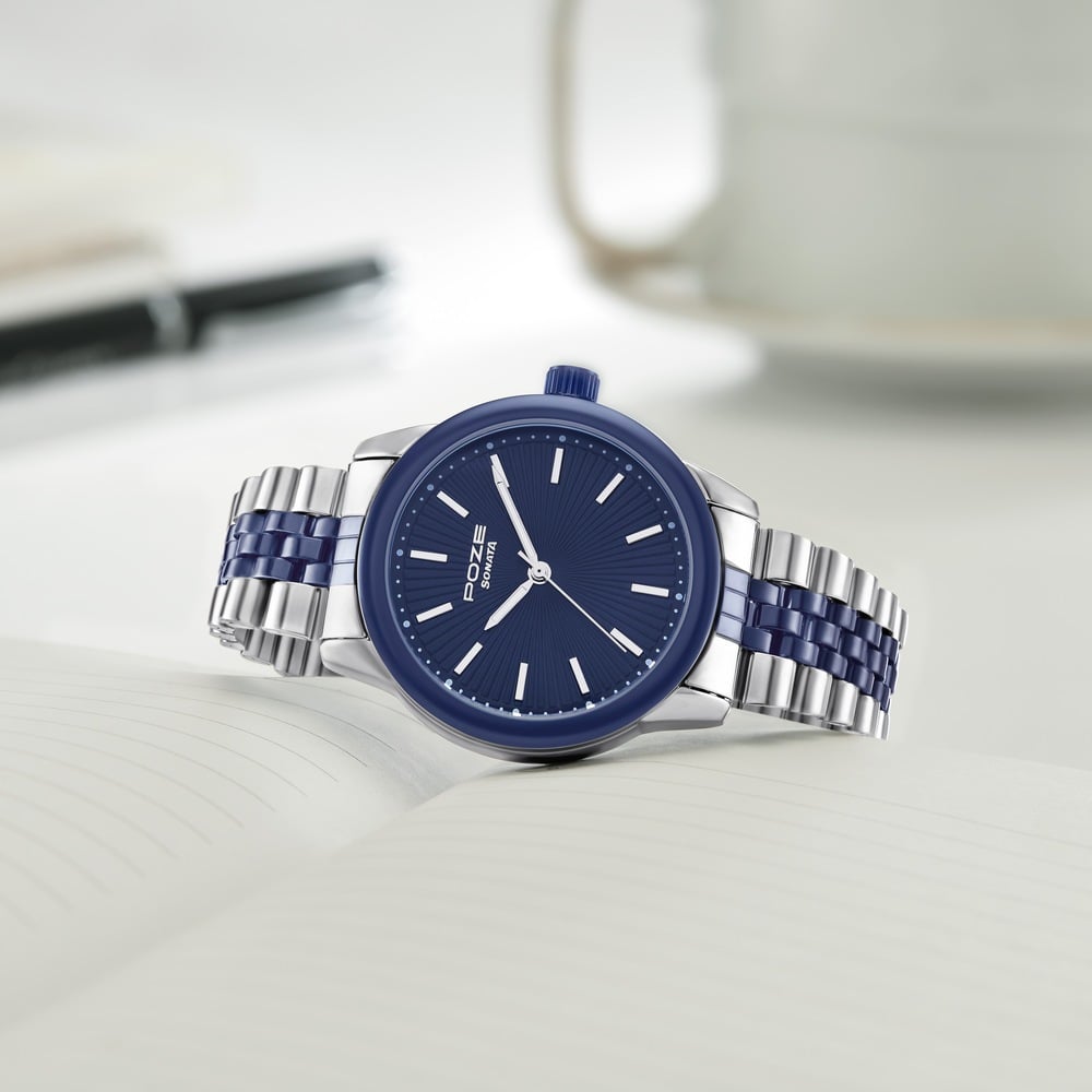 Sonata Poze Quartz Analog Blue Dial Stainless Steel Strap Watch For Men
