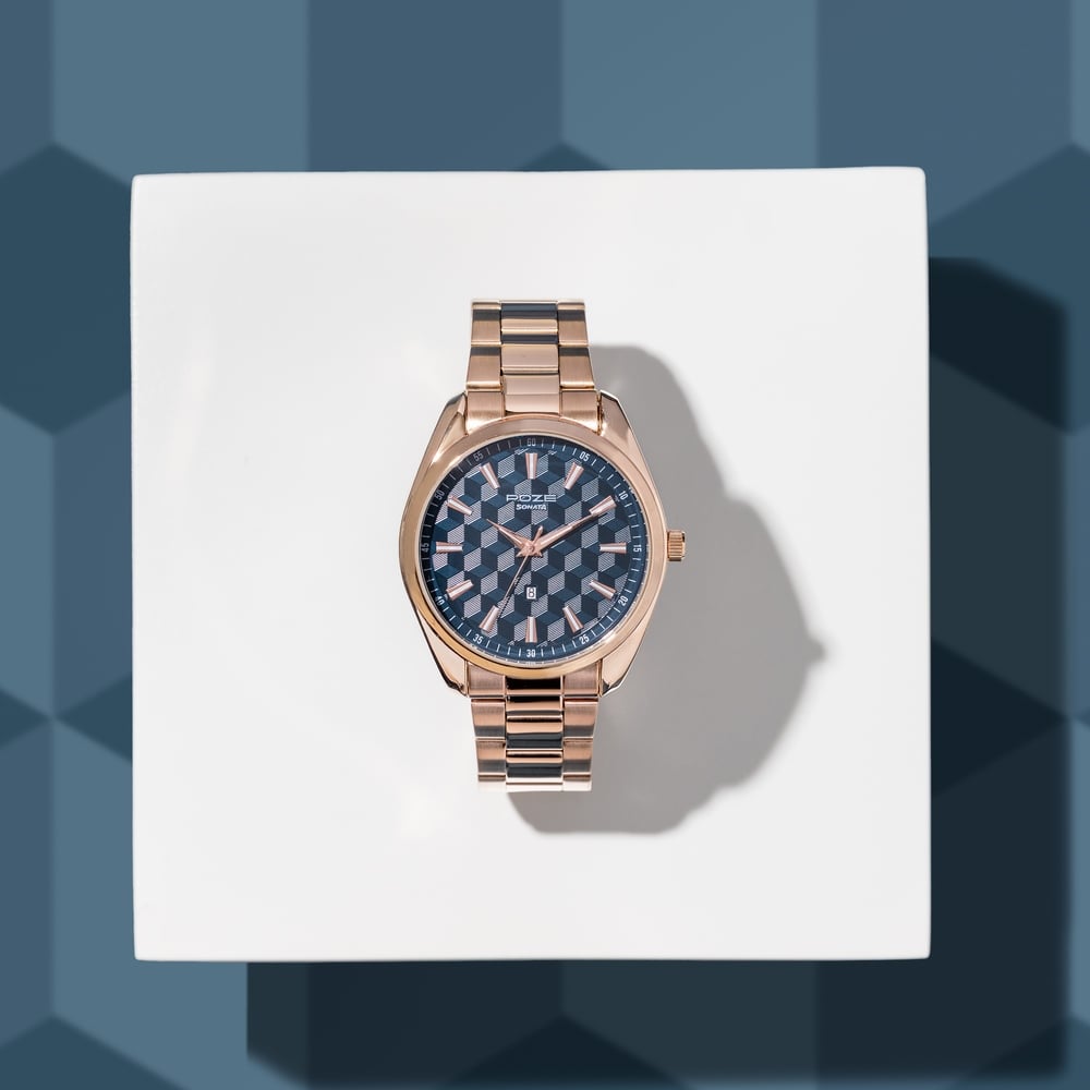 [SP70066WM01] Sonata Poze Quartz Analog Blue Dial Rose Gold Colour Stainless Steel Strap Watch For Men