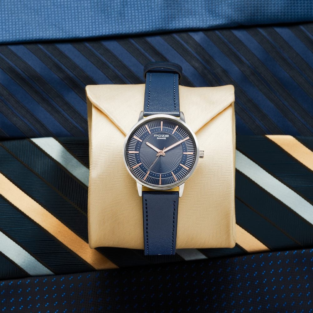 Sonata Poze Quartz Analog Blue Dial Blue Leather Strap Watch For Men