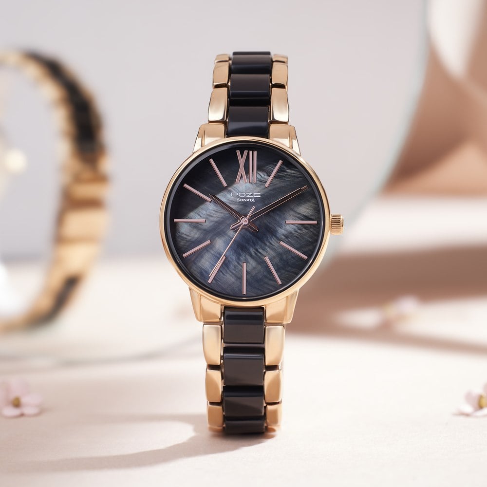 [sp80051kd02w] Sonata Poze Quartz Analog Mother Of Pearl Round Dial Two Toned Metal & Plastic Strap Watch For Women