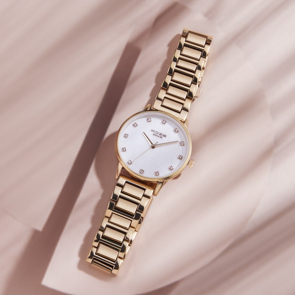 [SP80055WM01] Sonata Poze Quartz Analog White Dial Metal Strap Watch for Women