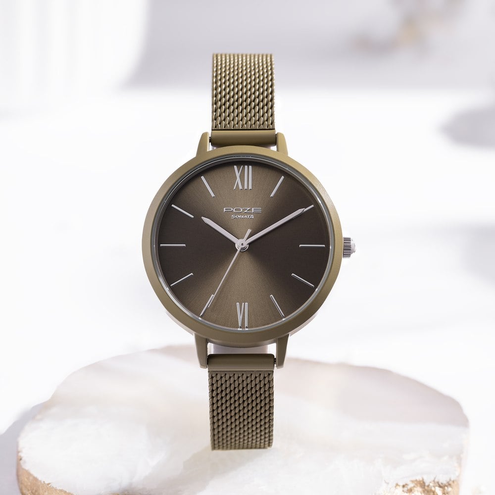 Sonata Poze Quartz Analog Green Dial Mesh Strap Watch for Women