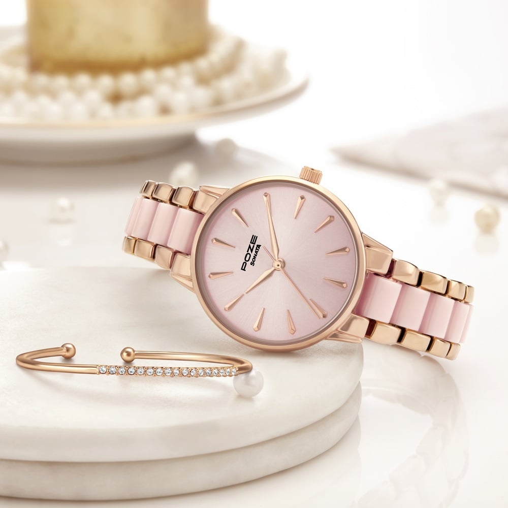 [sp80076kd03wf] Sonata Poze Quartz Analog Pink Dial Rose Gold Color Metal With Crystal Strap Watch For Women