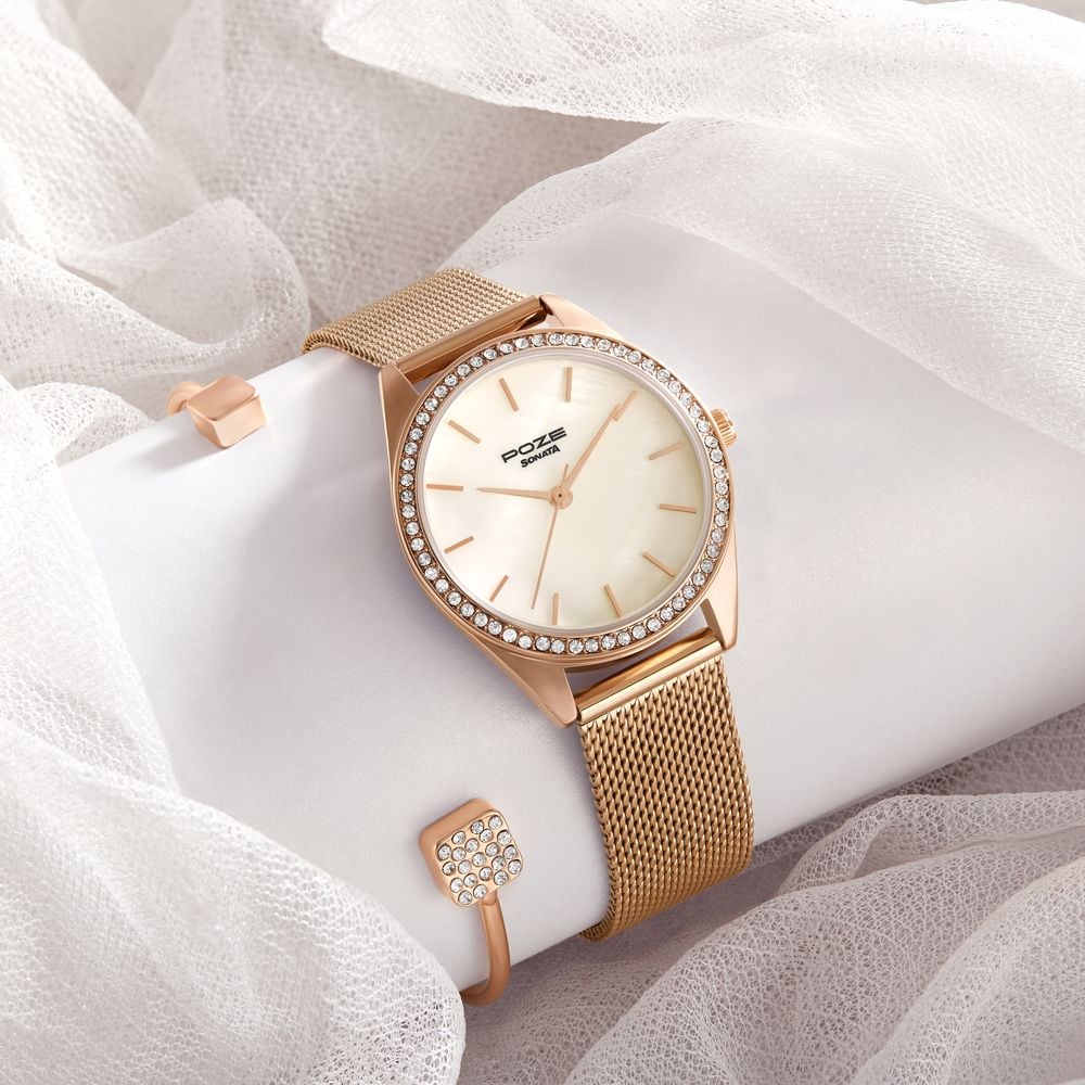 [sp80078wm01f] Sonata Poze Quartz Analog Mother of Pearl Dial Rose Gold Color Stainless Steel Strap Watch For Women